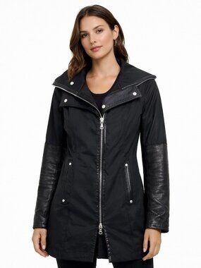 RUDSAK Womens Mixed Media Moto Zip Jacket Black Leather Sleeves Size XS